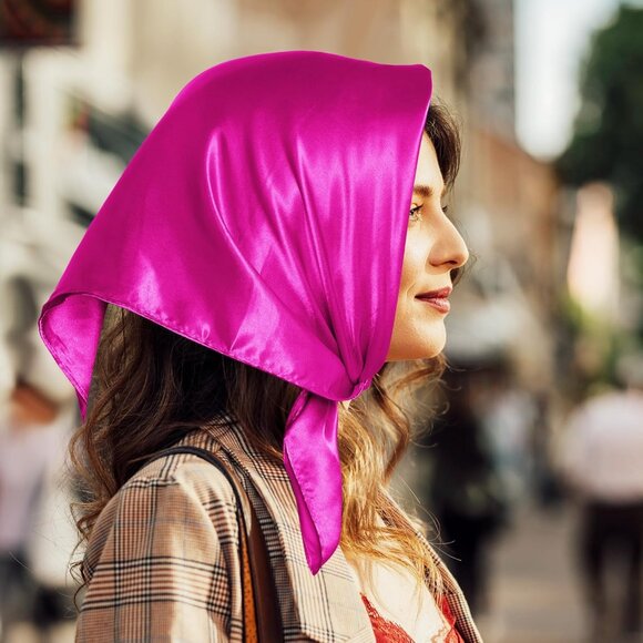 Women Rosy Red Chiffon Square Ribbon Neck Scarf Satin Handkerchief For Halloween - Picture 4 of 7